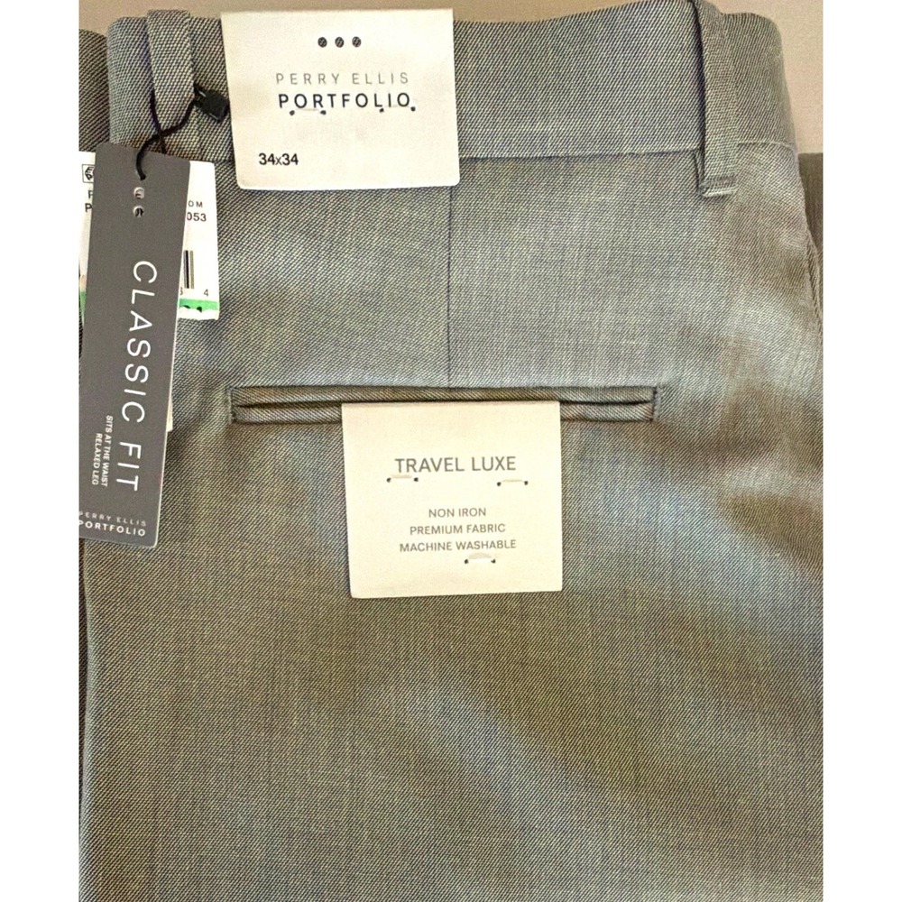 NWT Perry Ellis Portfolio Travel Non Iron Classic Fit Relaxed Gray Pants 34x34